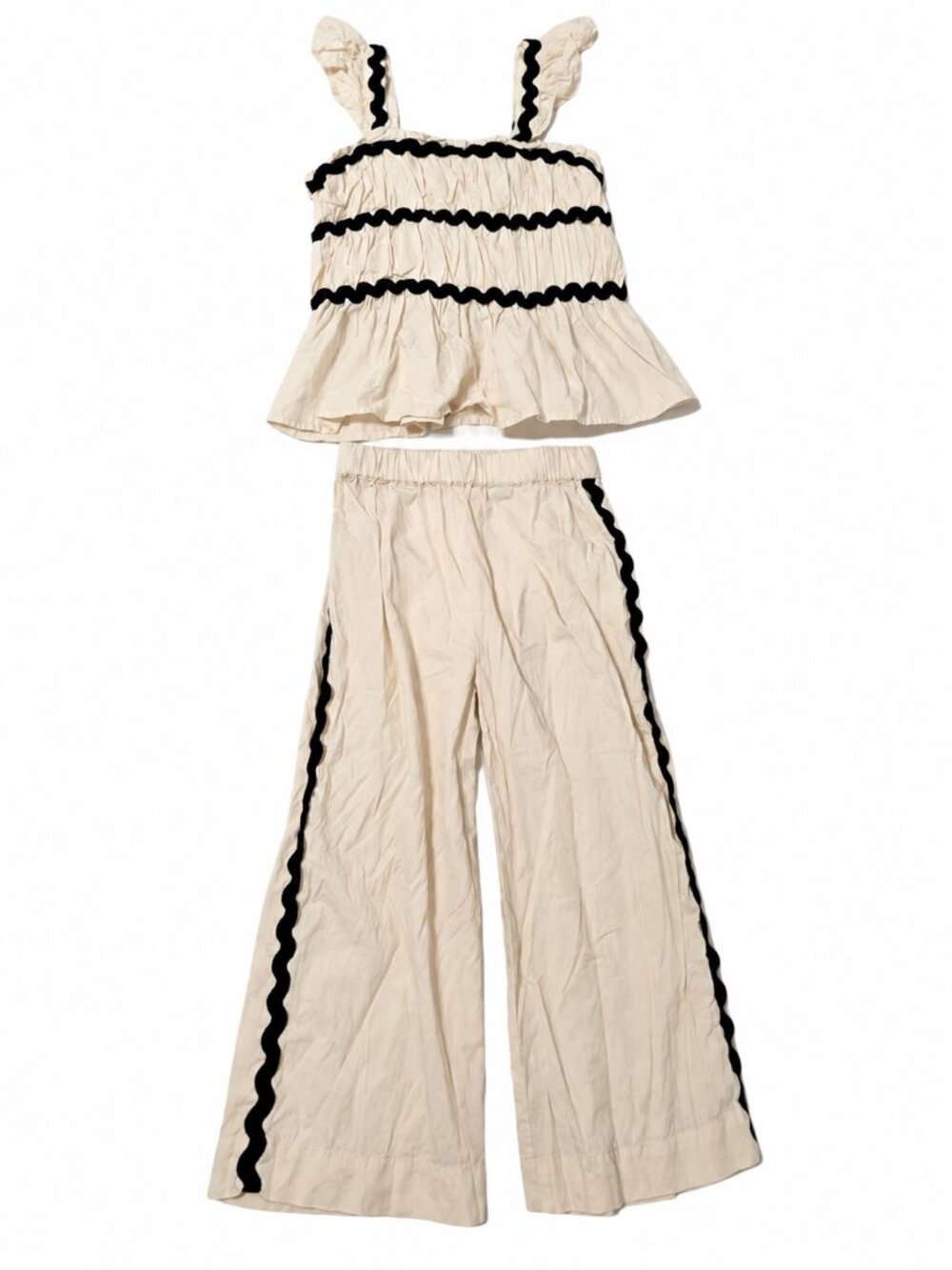 Zara Girls 2 Piece Ruffle Top Wide Leg Pants Set Cream Black Size 5